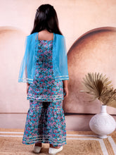 Turquoise Blue Cotton Printed Kurti With Sharara with Dupatta