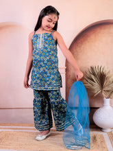 Sibling Blue Cotton Printed Kurti with Sharara and Dupatta