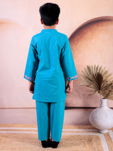 Turquoise Blue Pure Cotton Printed Kurta Pyjama Set