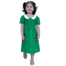 Green pure cotton smoked dress with peter pan collar