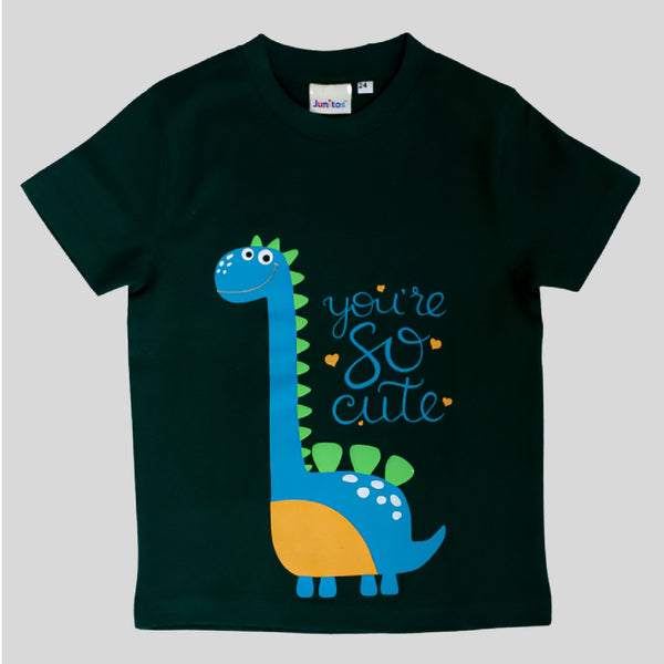 Dark Green Cotton Dinosaur Printed T-Shirt