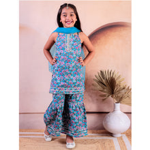 Turquoise Blue Cotton Printed Kurti With Sharara with Dupatta