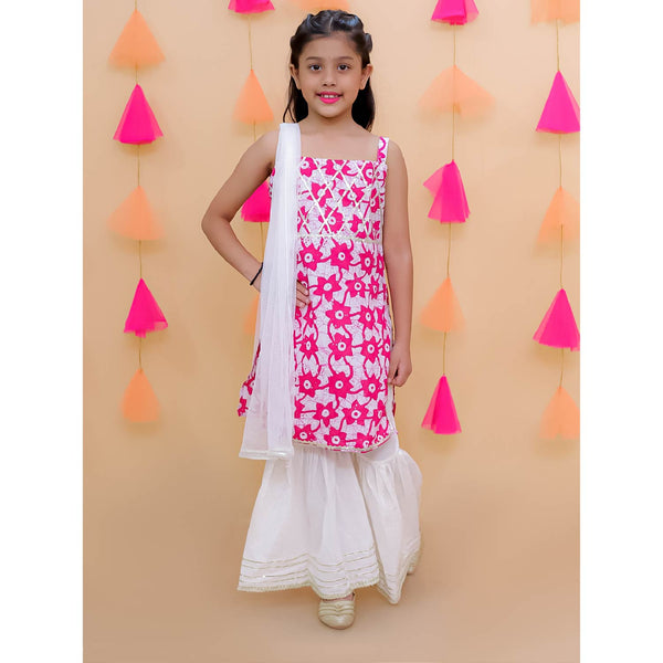 Pink pure cotton printed kurti with white sharara