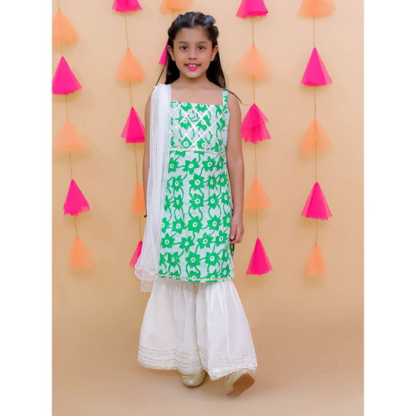 Green pure cotton printed kurti with white sharara