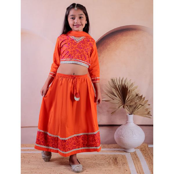 Orange Cotton Printed Lehanga Choli With Dupatta