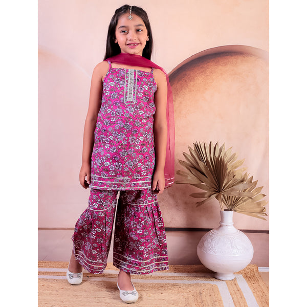 Pink Cotton Printed Kurti With Sharara with Dupatta