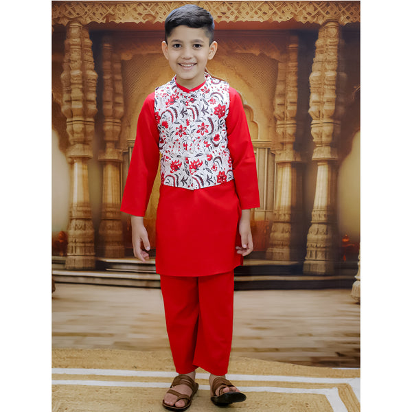 Red Pure Cotton Printed Kurta Pyjama With Jacket