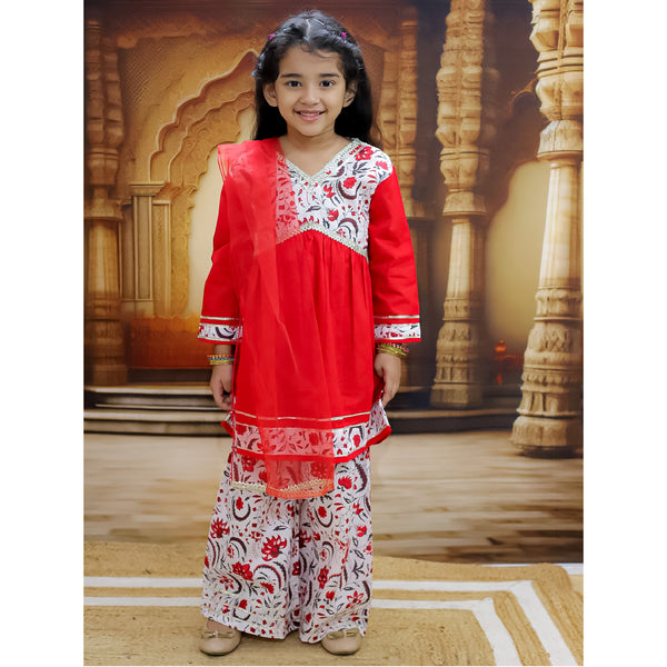 Red Cotton Printed Kurta Pyjama Set With Dupatta