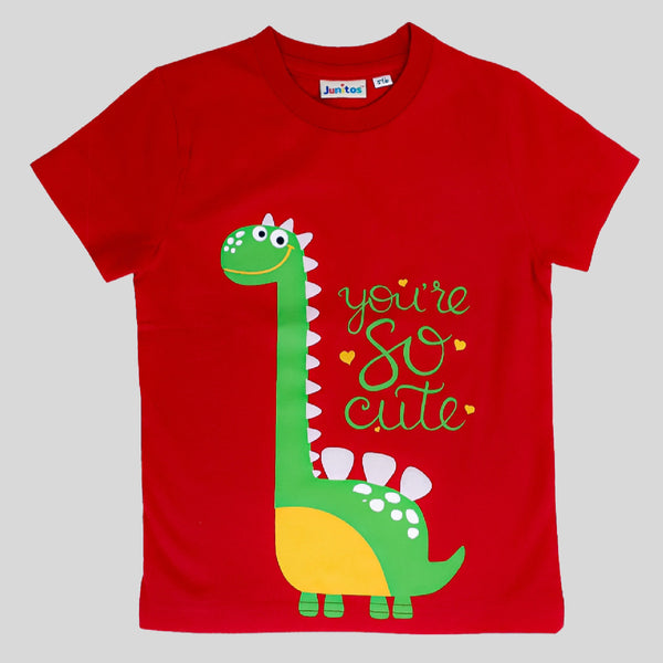 Red Cotton Dinosaur Printed T-Shirt