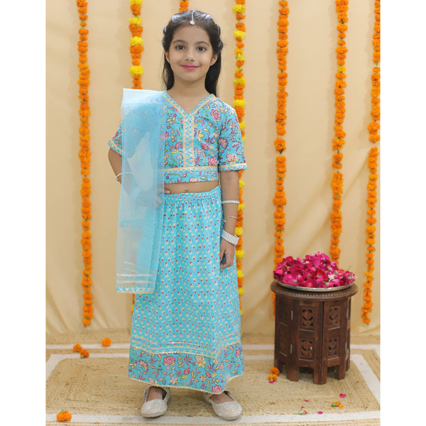 Girls Blue Floral Printed Ready to Wear Cotton Lehenga & Blouse With Dupatta