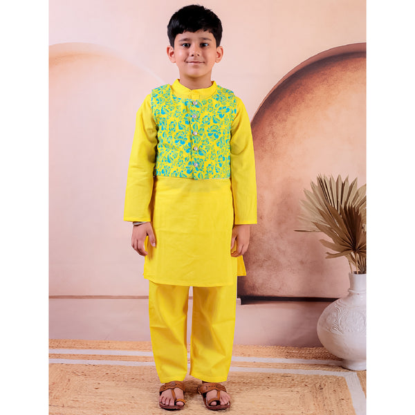 Yellow Pure Cotton Printed Kurta Pyjama With Jacket